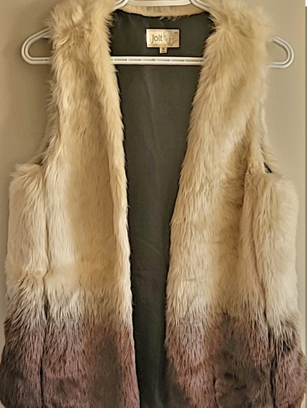 Jolt Neutral Faux Fur Vest in Cream and Tan